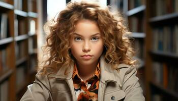 A beautiful young woman with curly blond hair smiling confidently generated by AI photo