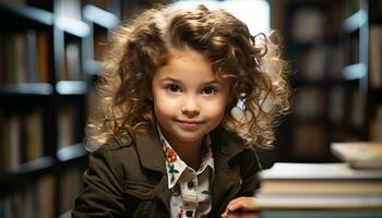 Smiling child with curly hair, looking at camera, radiating happiness generated by AI photo