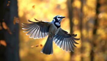 Bird perching on branch, spread wings, vibrant colors in background generated by AI photo