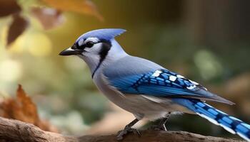 un pequeño azul pájaro encaramado en un rama en el bosque generado por ai foto