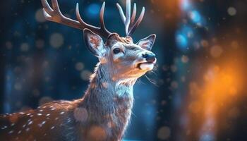 A cute deer in the winter forest, snowing, looking at you generated by AI photo