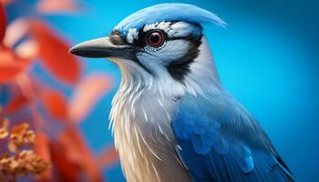 azul guacamayo encaramado en rama, plumas vibrante, mirando a cámara generado por ai foto