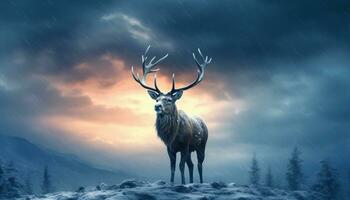 Majestic stag in winter forest, snowing, tranquil scene, wilderness adventure generated by AI photo