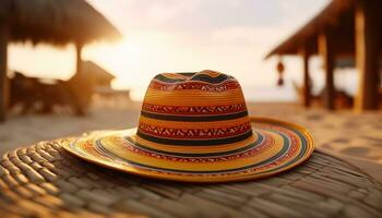 vacaciones en cancun arena, sol, Paja sombrero, tropical clima generado por ai foto