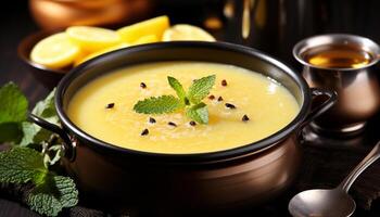 Freshness in a bowl, culinary soup, yellow spoon on table generated by AI photo