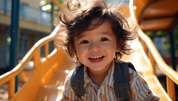 Smiling child, cheerful happiness, cute fun outdoors, playing, joyful portrait generated by AI photo