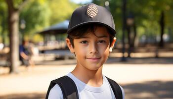 sonriente chico al aire libre, felicidad en infancia, alegre retrato mirando a cámara generado por ai foto