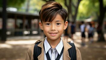 Smiling schoolboy standing outdoors, looking at camera with confidence generated by AI photo