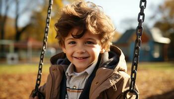 sonriente niño balanceo al aire libre, disfrutando juguetón divertido en naturaleza generado por ai foto