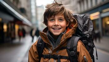 sonriente caucásico chico en invierno chaqueta caminando al aire libre con mochila generado por ai foto