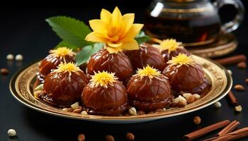 Homemade dessert sweet chocolate ball with caramel and almond decoration generated by AI photo