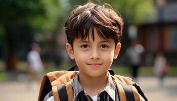 Smiling schoolboy, cute and cheerful, looking at camera with confidence generated by AI photo