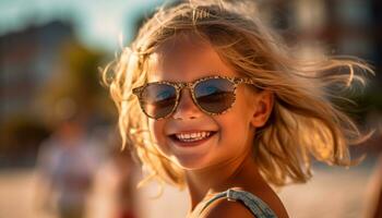 Smiling child outdoors, enjoying summer, wearing sunglasses, carefree and cheerful generated by AI photo