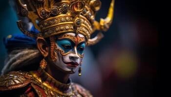 Traditional festival celebrates indigenous culture with majestic gold colored sculptures generated by AI photo