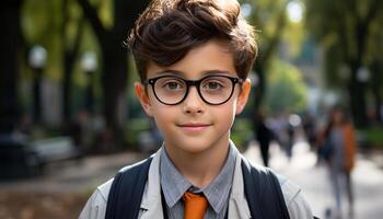 Smiling schoolboy, outdoors, looking at camera, cheerful, cute, confident generated by AI photo