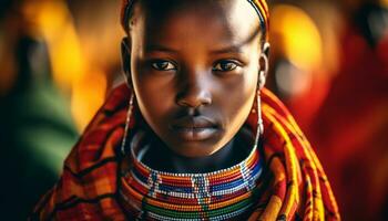 sonriente africano mujer y niño en tradicional ropa, al aire libre generado por ai foto