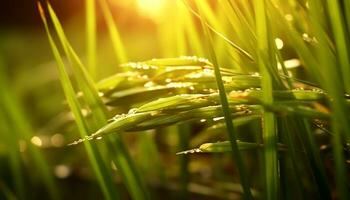 Fresh green grass grows in the meadow, a vibrant summer scene generated by AI photo