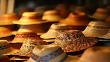 Straw hats, fashion cultures, souvenir store, selling indigenous tradition generated by AI photo