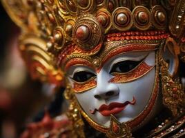Traditional festival celebrates spirituality with ornate masks and ancient sculptures generated by AI photo