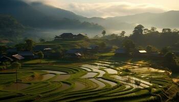 Farmers in Sa Pa cultivate rice in terraced fields generated by AI photo