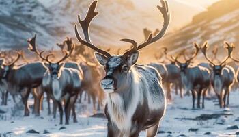 Winter landscape deer grazing in snowy forest, mountains in background generated by AI photo