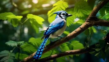 un vistoso pájaro encaramado en un rama en el bosque generado por ai foto