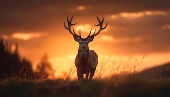 Deer grazing in meadow, silhouette against sunset, tranquil forest scene generated by AI photo