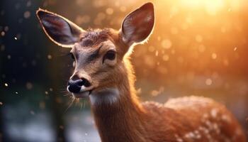 Cute deer in the forest, close up portrait, winter fur beauty generated by AI photo