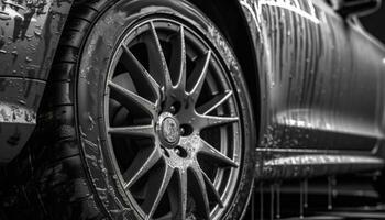 Shiny chrome alloy wheels on a wet sports car driving fast generated by AI photo
