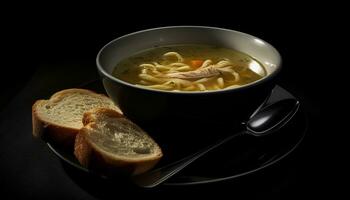Healthy homemade vegetable soup with fresh meat and noodles generated by AI photo
