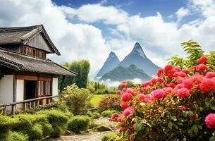 ai generativo. rural cabaña, con hermosa flores floreciente en el jardín. foto