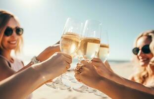 Ai generative. Group of young women toasting with champagne photo