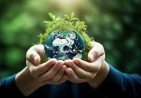 Ai generative. Hands Holding Globe Glass.   Environment Concept. World Earth Day concept. photo