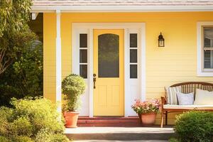 Ai generative.  A front entrance of a home with a yellow door photo