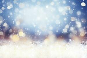 Ai generative. Christmas background with snow against a bokeh lights design photo