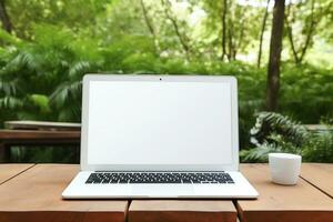 Ai generative.  Laptop with blank screen on table. photo