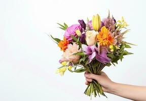 Ai generative.  Hand holding bouquet of beautiful flowers photo