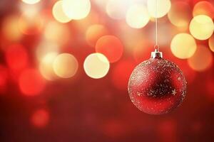 ai generativo. Navidad rojo pelota ornamento y decoración, brillar ligero. Navidad y nuevo año fiesta antecedentes foto