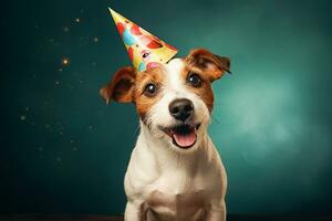 Ai generative.  Jack russel terrier dog with a party hat photo