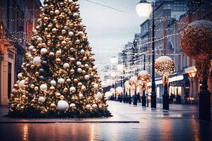 ai generativo. Navidad árbol con conos en un ciudad calle iluminado con un guirnalda foto