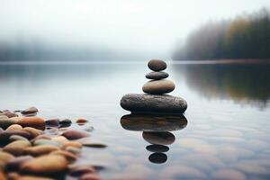 ai generativo. zen equilibrio guijarros en de madera tablón siguiente a un lago foto