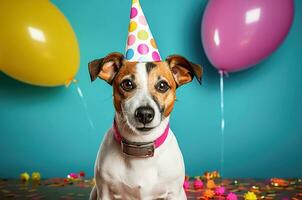 Ai generative.  Jack russel terrier dog with a party hat photo
