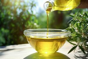 Ai generative.  Olive oil is poured from a bottle into a bowl photo