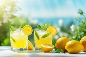 Ai generative. Summer citrus lemonade in pearl glasses, sunny day photo