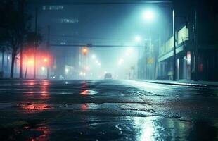 Ai generative.  Neon light in a dark empty street with smoke, smog. Scene of empty street, night view photo