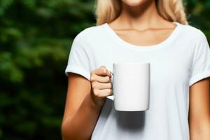 Ai generative.  Young girl Holding a plain white coffee mug, mock up photo