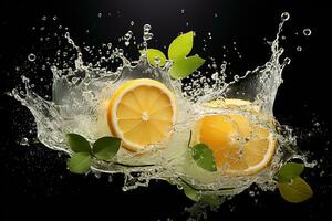 Ai generative.  Fresh Lemon and leaves in water splash photo