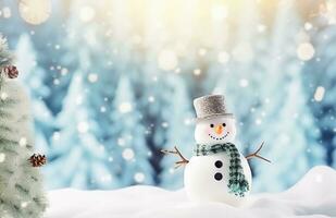 Ai generative.  Snowman in winter secenery with copy space photo