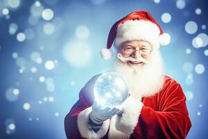 Ai generative.  Happy Santa Claus holding glowing christmas ball photo