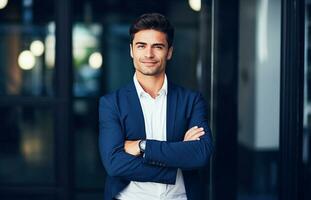 ai generativo. contento negocio hombre en camisa con cruzado brazos foto